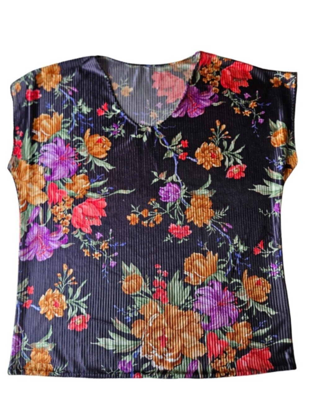 Floral V-Neck Stretchy Short Sleeve Blouse - Black with Multicolor Blooms